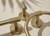 A set of gold bathroom accessories, including a towel ring, a towel bar, and a hook, mounted on a textured wall. Voir les images du produit