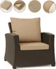 A brown rattan armchair with beige cushions, shown with inset images highlighting cushion features. Produktbild-Vorschau