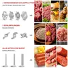 Collage showing different attachments for a meat grinder and the resulting food products. Produktbild-Vorschau