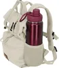A close-up side view of a cream-colored rucksack with a burgundy water bottle in its side pocket. Produktbild-Vorschau