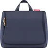 A navy blue toiletry bag with gold zippers and a red brand tag. Anteprima dell’immagine prodotto