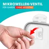 A hand is shown opening a vent on a food container lid, with marketing text overlayed on a blue background. Voir les images du produit