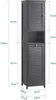 A tall, dark gray bathroom cabinet with louvred doors and a built-in laundry bag, featuring detailed dimensions. Náhľad obrázku produktu