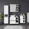 A modern bathroom vanity set with a sink, cabinets, and a mirror against a black marble tiled wall. Náhled obrázku produktu