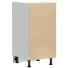 A white kitchen cabinet with a particle board back, shown from the side and slightly from the back, resting on black adjustable legs. Voir les images du produit