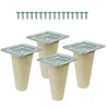 Four wooden furniture legs with metal mounting plates and a row of screws above them, all on a white background. Produktbild-Vorschau
