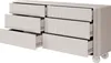 A greige dresser with six drawers, each with a ribbed front, sits on spherical feet. Voir les images du produit