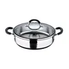 A stainless steel pot with a glass lid and black handles, shown from a front-facing angle on a white background. Anteprima dell’immagine prodotto