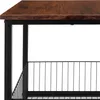 Close-up view of a table with a wooden top and black metal frame, including a wire basket shelf. Náhled obrázku produktu