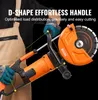A person wearing work overalls and gloves is holding an orange electric concrete saw with a diamond blade. Text overlays highlight the product's features. Anteprima dell’immagine prodotto