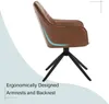 A side view of a brown swivel chair with a black base, set against a white and light blue background. Blue accents highlight the ergonomic design of the armrests and backrest. Produktbild-Vorschau