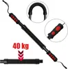 A black spring bar exerciser with red grip accents, shown bent in a magnified inset, with text indicating '40 kg' and an arrow pointing down to a straightened version of the device. Podgląd zdjęcia produktu