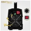 The back view of a black inverter welding machine with cooling fan and switches, with arrows indicating airflow. There are also two circular insets showing a fan and a switch. Produktbild-Vorschau