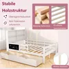 A white wooden children's bed with a bookshelf headboard and drawers, presented with marketing text and close-up images of wood. Náhľad obrázku produktu