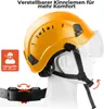 A yellow safety helmet on a white mannequin head, with text and icons highlighting features. Produktbild-Vorschau