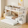 A white bunk bed with a pull-out trundle bed, set up in a room with a rug and a lamp. Produktbild-Vorschau