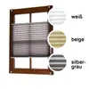 A window with a brown frame and a pleated blind. Three circular swatches of different colored blinds are shown to the right of the window, with German text labels. Produktbild-Vorschau