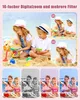 Children playing on a beach with a toy bucket and shovel, with inset images showing zoom levels and filters. Produktbild-Vorschau