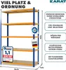 A shelving unit with several shelves, presented with marketing text and certifications on a white background. Produktbild-Vorschau