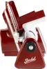 A red and chrome Berkel slicer is shown from a side angle. Voir les images du produit