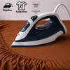 An iron is shown on a brown fitted sheet, with icons indicating features. Produktbild-Vorschau