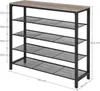 A four-tier shoe rack with a wooden top and black metal frame, with dimensions indicated. The rack is empty. Náhled obrázku produktu