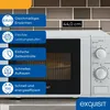 A white microwave oven is shown with various feature callouts and dimensions. Produktbild-Vorschau