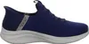 A side view of a blue Skechers slip-on shoe with a speckled white sole. Produktbild-Vorschau