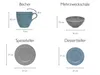 Diagrams showing the dimensions of a mug, a bowl, a dinner plate, and a dessert plate. Produktbild-Vorschau