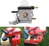 A collage showing a carburetor and two close-up views of a red engine with a fuel tank. Produktbild-Vorschau
