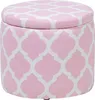 A round, pink ottoman with a white quatrefoil pattern, shown from a slightly elevated side view against a white background. Produktbild-Vorschau