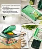 A collage of images showing a vegetable slicer and its components, along with prepared sliced vegetables. Anteprima dell’immagine prodotto
