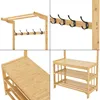 A collage of four images showing different angles and details of a wooden coat rack with shelves. Náhled obrázku produktu