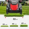 A lawnmower is shown in front of a house with a lawn. The image also displays different grass heights with measurements. Produktbild-Vorschau