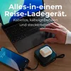 A hand is shown interacting with a laptop, while a smartphone and a wireless charger with earbuds are placed on a wooden surface. Produktbild-Vorschau