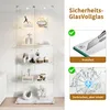 A glass display cabinet filled with decorative items, shown next to marketing graphics highlighting its safety glass features. Náhled obrázku produktu
