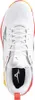 A top-down view of a white athletic shoe with red and yellow accents. Produktbild-Vorschau