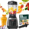 A blender is shown with various fruits and ice, along with a recipe book and a tamper accessory. The background is white with some floating fruit elements. Produktbild-Vorschau