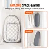 A split image showing a folded ironing board and two examples of how it can be stored: hanging and folded. Produktbild-Vorschau