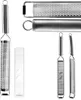 A collection of stainless steel graters and a protective sleeve, presented against a white background. Produktbild-Vorschau