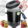 A collection of items for canning, including a large black pot with a lid, jars, racks, and tongs, along with a recipe booklet. Produktbild-Vorschau