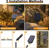 Collage showing installation methods for solar string lights, including ground insertion and hanging. Náhled obrázku produktu