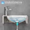 A cross-section diagram of a sink showing water draining, with text overlays explaining the drainage feature. Produktbild-Vorschau