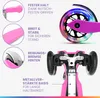 A collage of close-up images and diagrams highlighting the features of a pink children's scooter, with text descriptions in German. Produktbild-Vorschau