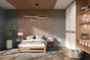 A modern bedroom with a wooden slatted wall, a bed, bedside tables, a plant, and a wardrobe. Produktbild-Vorschau