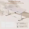 A white standing desk with measurements and product details displayed. Produktbild-Vorschau