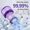 A close-up of a purple vacuum cleaner filter with a background showing a mattress and abstract representations of dust particles and viruses being filtered. Produktbild-Vorschau