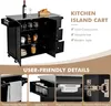 A black kitchen island cart with a stainless steel top, open doors and drawers, showcasing its features. Náhľad obrázku produktu