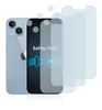 A light blue iPhone is shown next to screen protectors and a dark phone screen with text. Produktbild-Vorschau