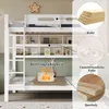 A white bunk bed with shelves, featuring close-up insets highlighting materials and features. Produktbild-Vorschau